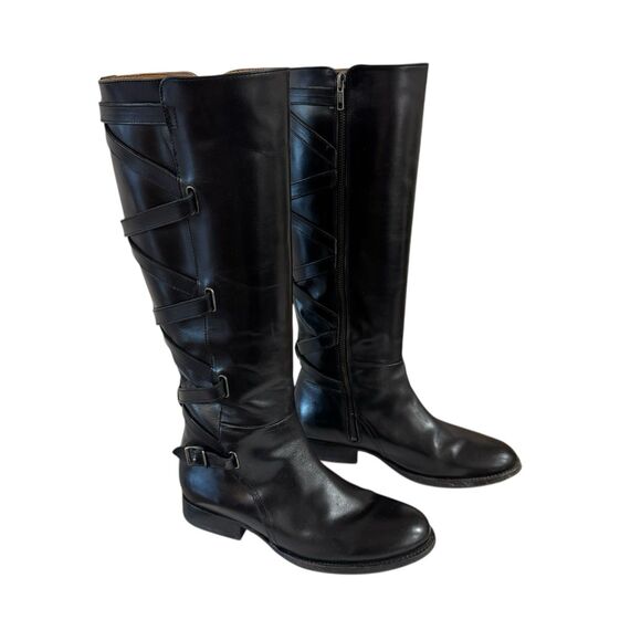 Frye 8.5 B Jordan Strappy Tall Boots Black Leather $498.00 MRSP Womens READ